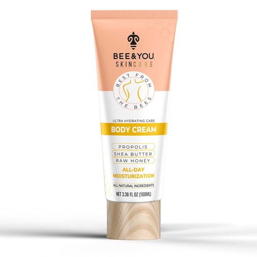 BEE and YOU Ultra Hydrating Body Cream Moisturizer, Shea Butter, Argan Oil, Vitamin B5, Raw Honey and Propolis Extract, 100% Natural, Fast Absorbing Skin Care, 3.38 fl. Oz