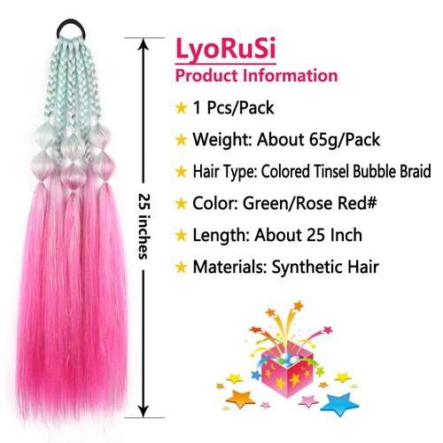 LyoRuSi 25 Inch Colored Hair Extensions Colored Tinsel Bubble Ponytail Extensions for Kids Ponytail Extension Crazy Hair Day Accessories for Girls Festival Rave Hair Extensions (Light Green/Rose Red#)