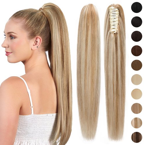 S-noilite Claw Clip Ponytail Extension Human Hair #12P613 Golden Brown mix Bleach Blonde Real Remy Human Hair Ponytail Extension 14inch Long Straight Hair Pony Tails Hair Extensions For Women 105Grams