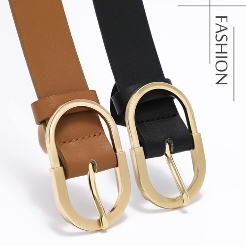 VONMELLI 2 Pack Women's Leather Belts for Jeans Pants Fashion Gold Buckle Ladies Dress Belt Black Brown M