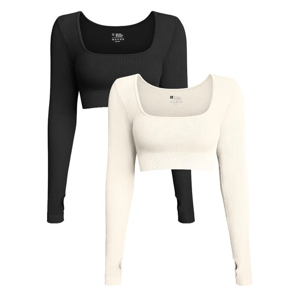 OQQ Women's 2 Piece Crop Top Ribbed Seamless Workout Exercise Long Sleeve Crop Tops Black Beige
