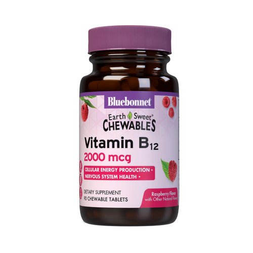Bluebonnet Nutrition Earth Sweet Vitamin B12 2000 mcg Chewable Tablets, Soy-Free, Gluten-Free, Kosher Certified, Dairy-Free, Vegan, Raspberry Flavored, 90 Chewable Tablets, 90 Servings