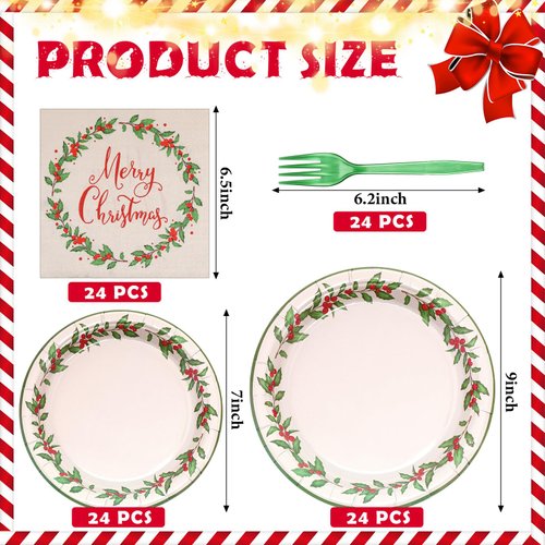Lounsweer 96 Pcs Christmas Party Supplies Paper Plates and Napkins Disposable Dinnerware Set Include Christmas Plates Napkins Forks for Xmas Holiday Table Decorations 24 Guests (Red Berry)