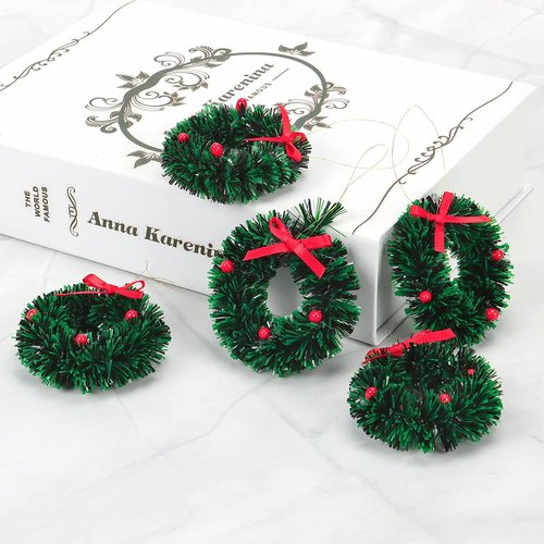 10 Pieces Mini Artificial Christmas Wreaths Ornaments, Dollhouse Miniature Christmas Wreath Doll House Mini Xmas Wreath for Dollhouse Door Windows Christmas Tree Decoration (Red Bowknot)