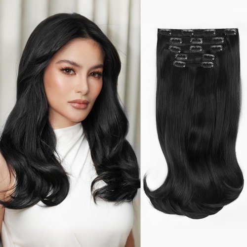 ALXNAN Clip in Hair Extensions, Hair Extensions Thick Long Stright Layered Hair Extensions Black 16 Inch Soft Lace Weft Hair Extensions for Women