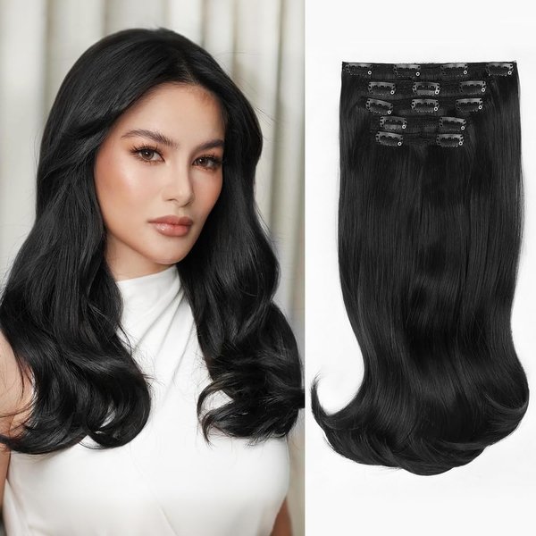 ALXNAN Clip in Hair Extensions, Hair Extensions Thick Long Stright Layered Hair Extensions Black 16 Inch Soft Lace Weft Hair Extensions for Women