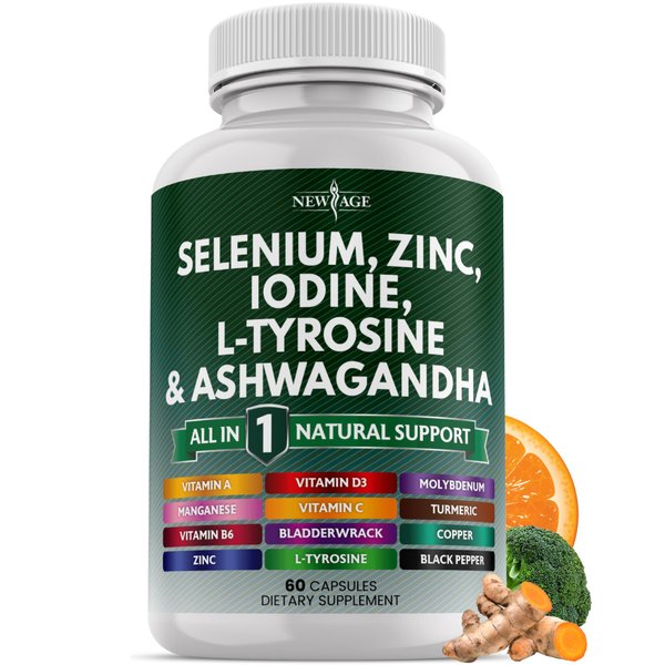 Selenium, Zinc, Iodine, L Tyrosine, Ashwagandha - Thyroid Support Supplement for Women and Men with Bladderwrack, Turmeric, Silica Kelp, Schisandra - 60 Count