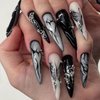 MISUD Press on Nails Long Stiletto Fake Nails Glossy Glue on Nails Almond Acrylic Nails Goth Black Artificial Nails Gothic Butterfly Stick on False Nails with Pearl Design 24 pcs