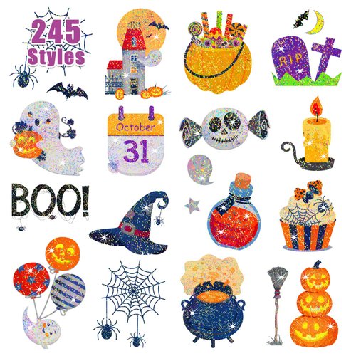 Partywind 245 Styles Glitter Halloween Tattoos for Kids Treats, Halloween Birthday Party Decorations Supplies Favors for Boys Girls, Tattoo Stickers for Trick or Treat Party (28 Sheets)
