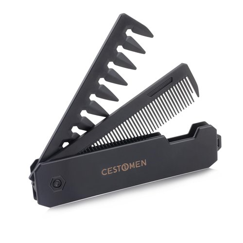 CestoMen Protable Folding Pocket Comb for Men, 2 in 1 Hair Comb - Fine Tooth Comb & Wide Tooth Comb, Styling Comb for Everyday Grooming & Combing Hair, Beards and Mustaches (Black)