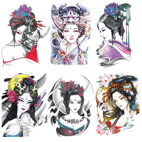 Oottati 6 Sheets Arm Waterproof Temporary Tattoo Stickers, Colorful Japanese Ancient Beauty Lady Women Hairpin Geisha Prajna Lotus, suit for Leg Back Thigh