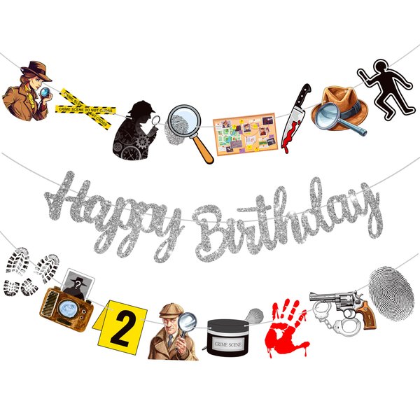 Detective Birthday Party Decoration Silver Happy Birthday Banners Detective Spy Theme Banners for Top Secret Detective Birthday Party Decorations Mystery Theme Party Baby Shower Supplies