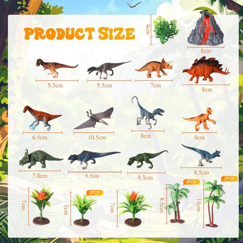 Sratte 26 Pcs Mini Dinosaur Figures Set Miniature Plastic Dinosaur Figurines Small Realistic Dinosaurs Volcano Toys Model Trees for Birthday Cake Topper Diorama Project Decorations(Tray Not Included)