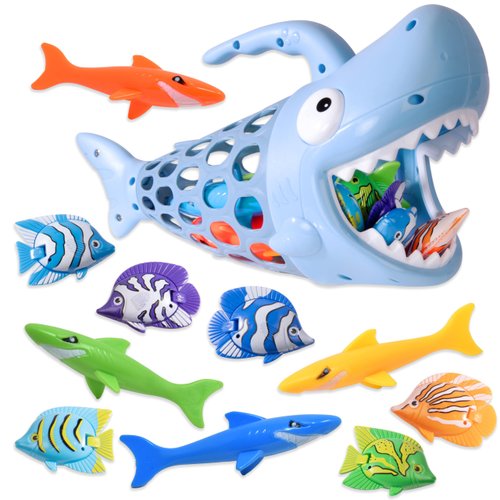 Kiddie Play Fishing Bath Toy for Babies and Toddlers | Fishing Net Shark with 6 Fish & 4 Sharks Multicolored