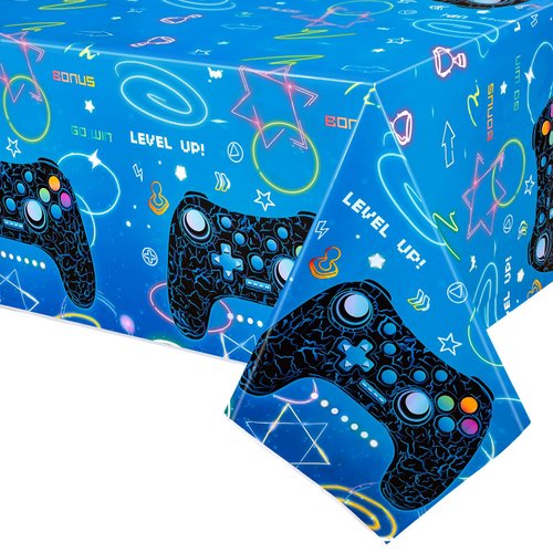 WERNNSAI Blue Video Game Party Tablecloth - 2 Pack 54’’ x 108’’ Birthday Party Decorations for Kids Boys Gamer Party Disposable Plastic Rectangle Table Cover for Gaming Night Geek Game Party Supplies