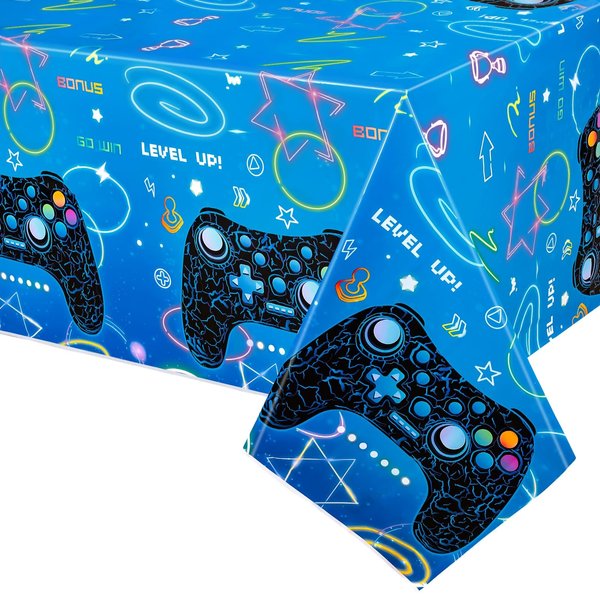 WERNNSAI Blue Video Game Party Tablecloth - 2 Pack 54’’ x 108’’ Birthday Party Decorations for Kids Boys Gamer Party Disposable Plastic Rectangle Table Cover for Gaming Night Geek Game Party Supplies