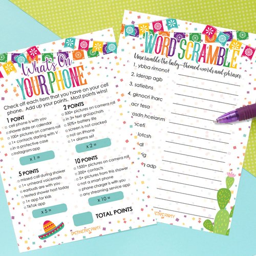 DISTINCTIVS Taco 'Bout a Baby Fiesta Baby Shower Games - What's On Your Phone and Word Scramble, 2 Game Bundle - 20 Dual Sided Cards