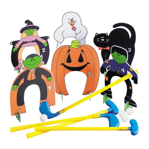 Fun Express Halloween Mini Golf Set – Includes 2 Clubs 2 Balls Holes Accessories – Perfect for Halloween Party Games Trick-or-Treat Fun – Indoor/Outdoor Play Kids’ Halloween Toys Spooky Design – 1 Set
