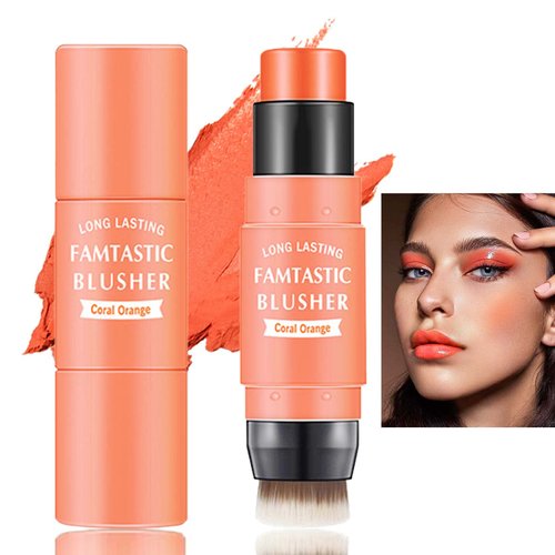 Cream Blush Stick with Brush,Double Head Blush Stick Makeup for Cheeks,Long-lasting Waterproof Multi-use Cheek and Lip Tint & Eye Shadow Makeup Stick for All Skin Tone(#03 Citrus Pink)