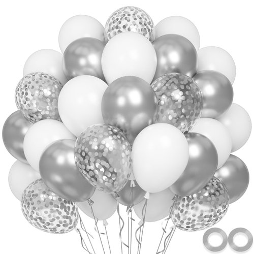 Silver Balloons, 60 pcs 12 inch Metallic Silver White Birthday Balloons with Confetti Balloons, White Silver Party Balloons, White Latex Balloons Party Decorations for Wedding Baby Shower Party