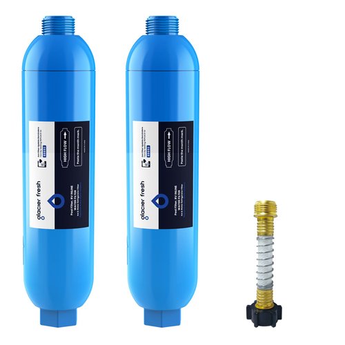 GLACIER FRESH RV/Marine Water Filter with 1 Flexible Hose Protector, Greatly Reduces Bad Taste, Odors, Chlorine and Sediment in Drinking Water, 2 Pack