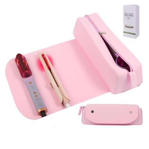 Hair Tools Travel Bag: 2-in-1 100% Silicone Hair Travel Bag with Heat Resistant Mat - Curling Iron Travel Case for Hair Styling Tools, Straightener, Flat Irons - Hot Tools Travel Bag for Women (Pink)