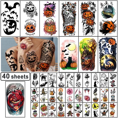 Yazhiji 40 Sheets Halloween Temporary Tattoos Pumpkin Witch Sugar Skull Tattoo Family Set Tats for Women Men Boys and Girls,Halloween Zombie Makeup Kit, Scar Waterproof Tattoos for Parties Realistic Long Lasting Zombie Tattoo