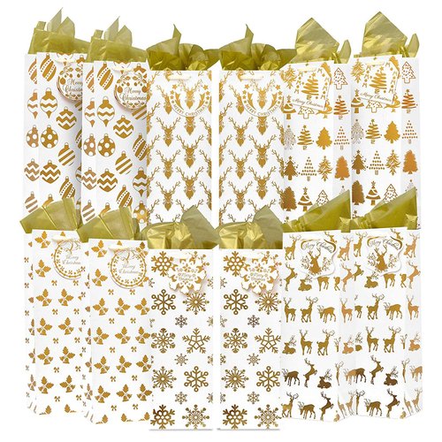 JOYIN 12 PCS Christmas Wine Bottle Bags Gold Foil with Tissue Paper and Name Tags 6 Print Designs for Winter Holiday Xmas Gift Party Favor Decoration, Liquor Lovers and Drinkers Gift Presents