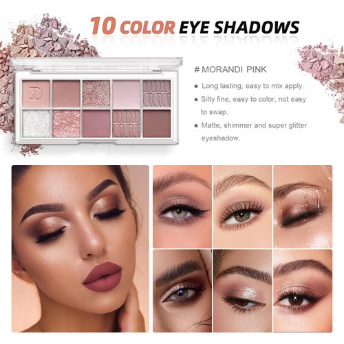 All in One Makeup Kit - Makeup Set for Women, Girls & Teens, Include 10 Colors Eyeshadow Palette, Lip Gloss, Eyebrow & Eyeliner Pencil, Waterproof Mascara, 6 Pcs Makeup Brushes (Morandi Pink)