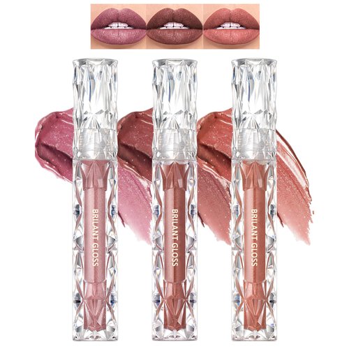 Diamond Glitter Lip Gloss Set- Matte Metallic Liquid Lipstick, Shimmer Glossy High Pigmented Nude Pink Red Sparkly Lip Stain,Waterproof Longlasting Lip Graze,Christmas Makeup Gift for Women-01+02+03