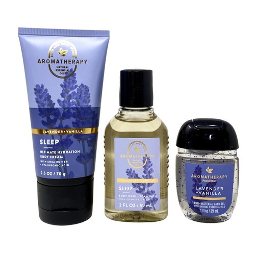 Bath & Body Works Aromatherapy Lavender + Vanilla Sleep Mini Gift Bag Set - Body Cream - Body Wash + Foam Bath and Hand Gel - with a Natural Oats Sample Soap - Travel Size
