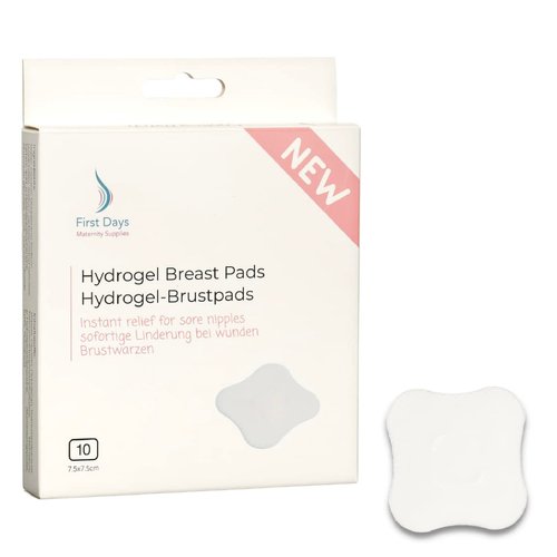 First Days Maternity - Hydrogel Breast Pads for Sore Nipples, Instant Cooling Relief, Suitable for All Skin Types, Pads with Soft Fabric Backing and 1 mm Thickness, 7.5 cm x 7.5 cm, Pack of 10 Pads
