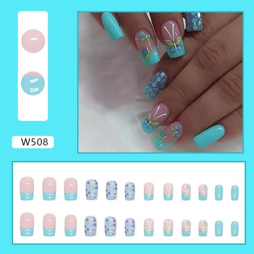 24pcs Square Press on Nails Medium Fake Nails Glossy Glue on Nails Blue Green with Butterfly Nail Sequin Design False Nails Acrylic Full Cover Stick on Nails for Women Manicure