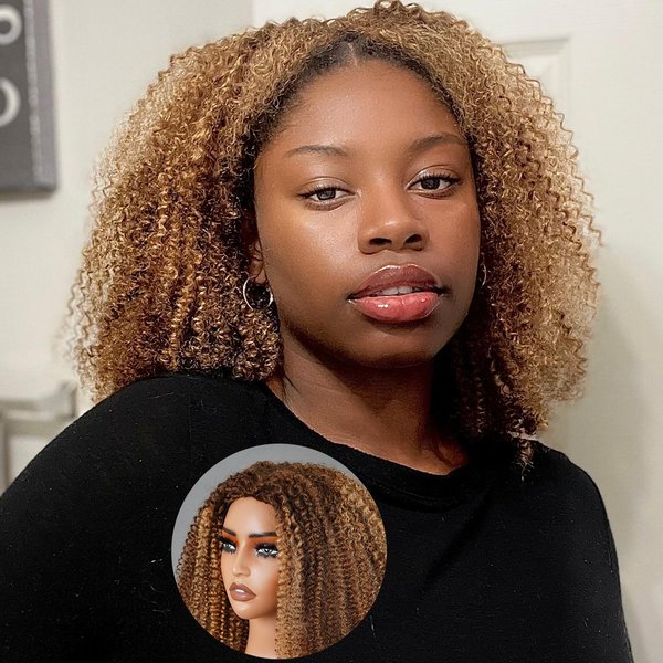 Domiso Afro Kinky Curly 3 In 1 Half Wig Human Hair Seamless Highlight 4/27 Honey Blonde Curly Flip Over Invisible Hairline Drawstring Band Clip in Wig No Sew In Bob Wig 16 Inch