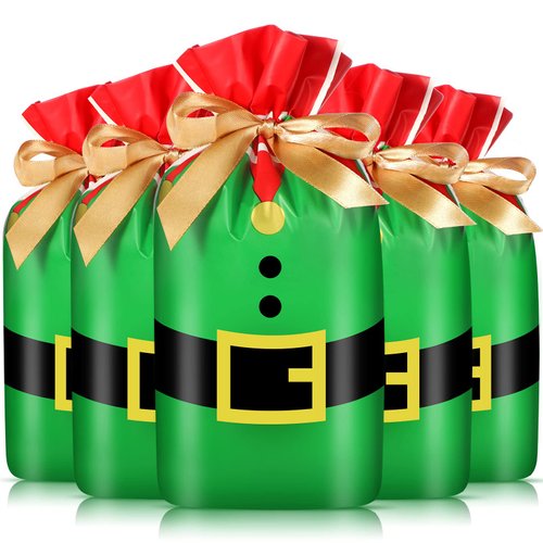 Christmas Drawstring Favor Bags Christmas Plastic Treat Candy Bag Xmas Goodies Gift Bags for Kids Birthday Snack Wrapping Christmas Party Favors Decor (50, Elves Suit)