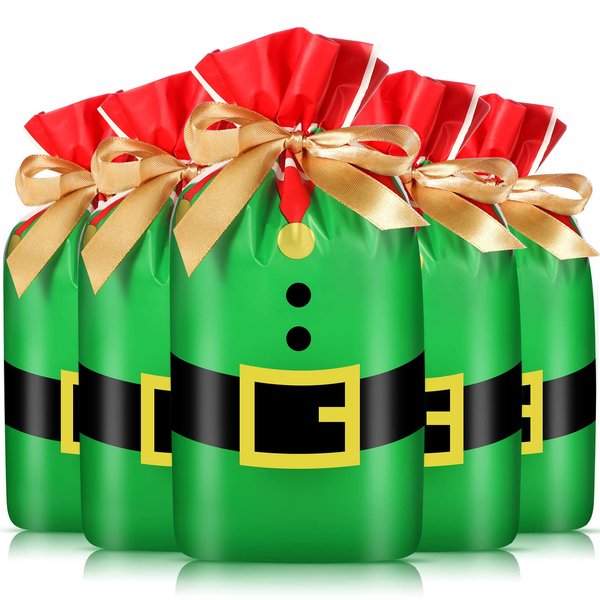 Christmas Drawstring Favor Bags Christmas Plastic Treat Candy Bag Xmas Goodies Gift Bags for Kids Birthday Snack Wrapping Christmas Party Favors Decor (50, Elves Suit)