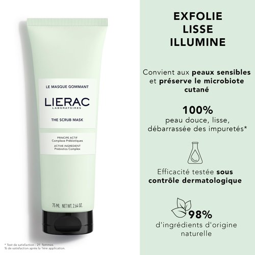 LIERAC|DEMAQUILLANT - The Scrub Mask - Exfoliating Face Wash with Marine Prebiotic Complex - Kaolin & Natural Ingredients - All Skin Types - Brightening & Smoothing Facial Scrub Exfoliator - 75 ml