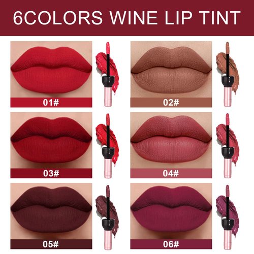 evpct 6Pcs Wine Bottle Lip Tint Stain Set Long Lasting Lipstick 24 hour Waterproof for Women, Ruby Dark Deep Rose Red Plum Purple Brown Matte Magic Lipstick 24 Hours Lipstick Lip Liner Stain Peel off