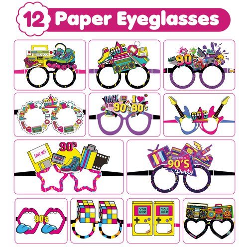 MDNHIO 36PCS 90s Party Favor 24PCS Tattoos 12PCS Paper Eyeglasses Themed Paper Photo Booth Props Birthday Party Decorations Dress Up Cute Style Funny Sunglasses Supplies Photography