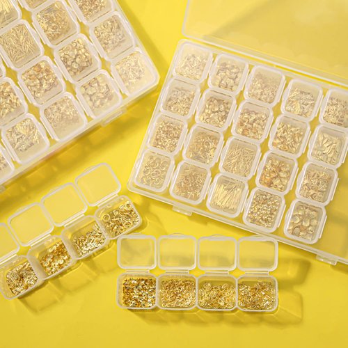 28 Grids Gold Metal Nail Studs, Multiple Shapes Rivet Jewelry Accessories, 3D Mix Geometry Nail Art Glitter Flakes Decorations Set for Women Girls Manicure Acrylic Nails Supplies DIY Crafts Sequins