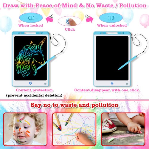 12 Inch LCD Writing Tablet for Kids, 2 PCS Reusable Toddler Drawing Board Colorful Screen Erasable Doodle Pad with Stylus Stencil, Educational Learning Toys Gifts for Girls Boys Age 3 4 5 6 7 8