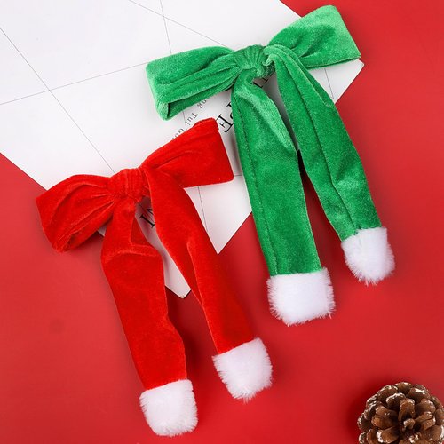 2PCS Christmas Hair Clips for Women Girls Velvet Ribbon Hair Bows Clips Christmas Santa Claus Socks Barrettes Alligator Hairpins Cute Hair Accessories Xmas Party Dress Gifts(Red, Green)