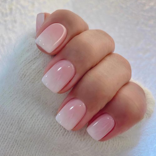 Square Press on Nails Short Ombre Pink Fake Nails Qsnidy French Glossy Acrylic Full Cover False Nails for Women and Girls, Fit Perfectly & Natural Reusable Stick On Nails in 12 Sizes -24 Nails Kit