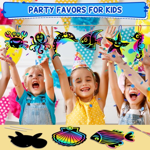 ZMLM Scratch Art Paper Kids - 48 Pcs 12 Style Ocean Animals Rainbow Art Craft Scratch Paper for Party Favor Game Supplies Decoration Halloween Christmas Birthday Gift for Ages 4 5 6 7 8+ Girls Boys
