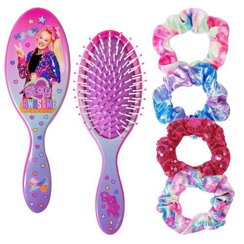 Nickelodeon Jojo Siwa Hair Accessory 5 Pcs Gift Set Regular 9 Inch Hair Brush 4 Scrunchies For Kids Hair Accessories Detangling Brush for Thick Curly Thin Wet or Dry Hair Elastic Hair Ties Scrunchies