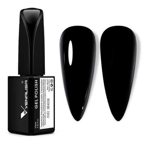 VENALISA 15ml Black Gel Nail Polish, Black Gel Polish Color Soak Off UV LED Nail Gel Polish Nail Art Starter Manicure Salon DIY at Home, 0.53 OZ