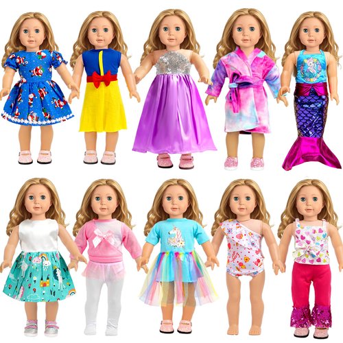 WONDOLL 18-inch Doll Clothes and Accessories - 10 Sets Compatible with 18-inch-Dolls Outfits Christmas Birthday Gift for Little Girls