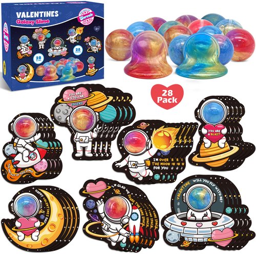 SURCVIO 28 Pack Valentines Day Gifts for Kids, Galaxy Slime with Greeting Cards Stress Relief Fidget Set for Kids, Valentine's Day School Prize Party Favor, Classroom Exchange Gift Set