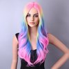 BERON Rainbow Wig Long Wave Wig Colorful Wigs Long Wigs Multi Color Wigs for Women Synthetic Wig for Daily Party Wig Cap Include