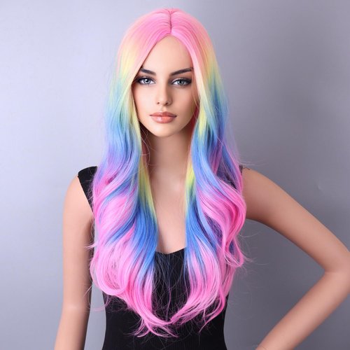 BERON Rainbow Wig Long Wave Wig Colorful Wigs Long Wigs Multi Color Wigs for Women Synthetic Wig for Daily Party Wig Cap Include